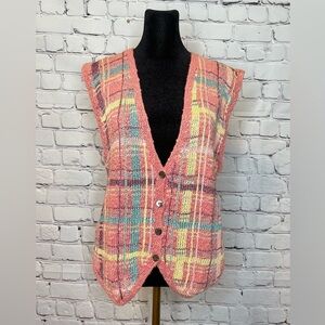 VINTAGE LYNN NOVAK HAND KNITTED COTTON LINEN VEST | Pink Yellow Blue Size Small